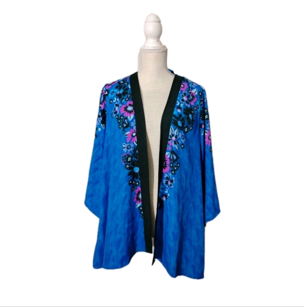 Bob Mackie Evocative Kimono Cardigan Coverup Top XL Blue Floral Open Front